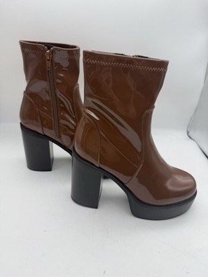 Madden Girl Rain Ankle Boots Women s 6 Cognac Patent Block Heel Platform NEW
