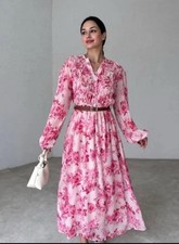 ZARA M WOMAN MISSING BELTED DRESS WITH PRINT AND RUFFLES Pink WHITE | 2298/167