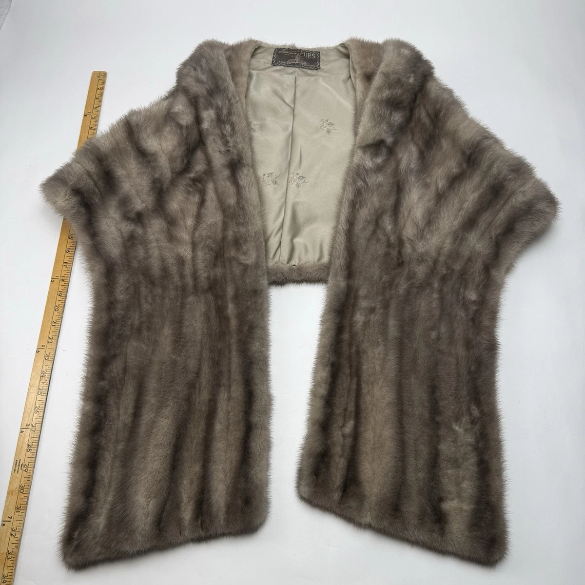 Vtg Cerulean Brand Emba Natural Blue Mutation Mink Gray Gold Silver Embroidery Vtg Mink Fur Shawl Cerulean Emba natural Blue MINK Stole  main image 2