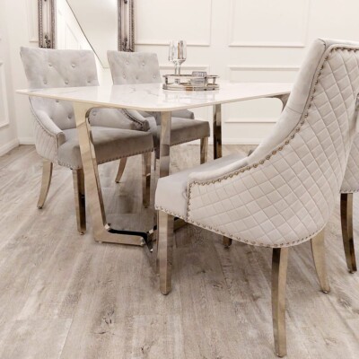 Lucia Luxus Italienischer Esstisch 1,8m Weiß Marmor Stein Silber Chrom NEU