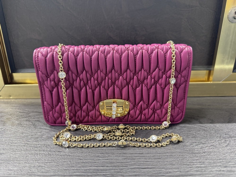 Miu Miu Cloque Crystal Nappa Dalia Pink Strap Bag Style 5DH044 With Certificate