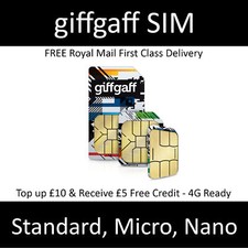 GIFFGAFF SIM CARD - PAY AS YOU GO - TRIPLE CUT - (NANO MICRO STANDARD) 12