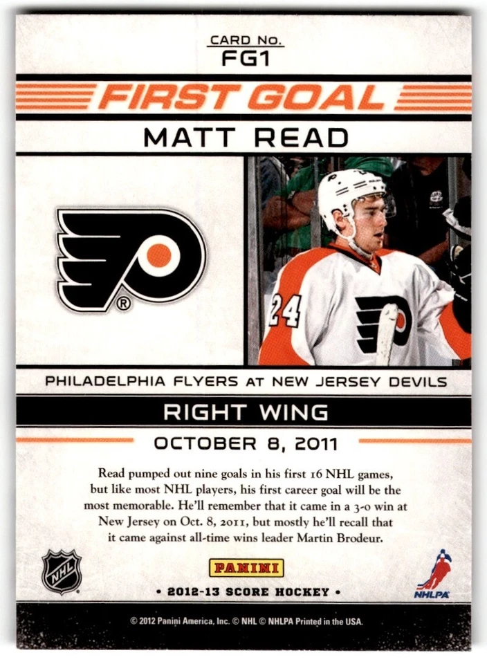 2012-13 Score First Goal Matt Read #FG1 Philadelphia Flyers - Image 2 of 2