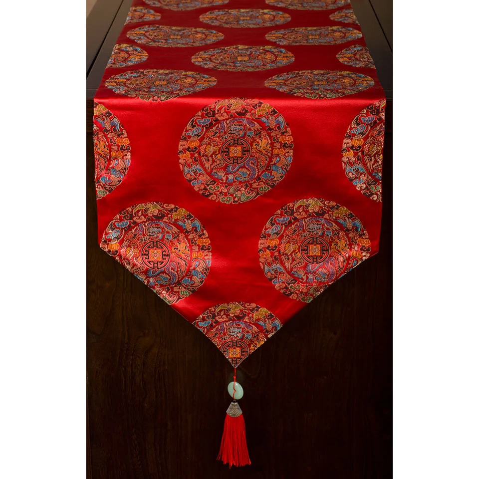 US SELLER - 80 Inch Red Silk Chinese Imperial Dragon Table Runner - Image 2 of 3
