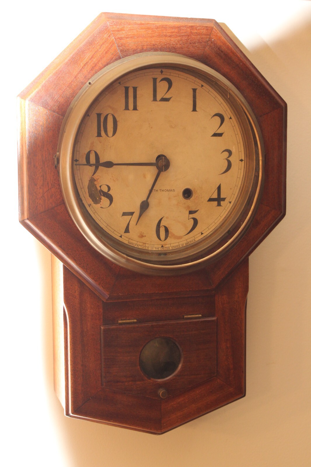 SETH THOMAS SMALL MAHOGANY SCHOOL HOUSE WALL CLOCK eBay