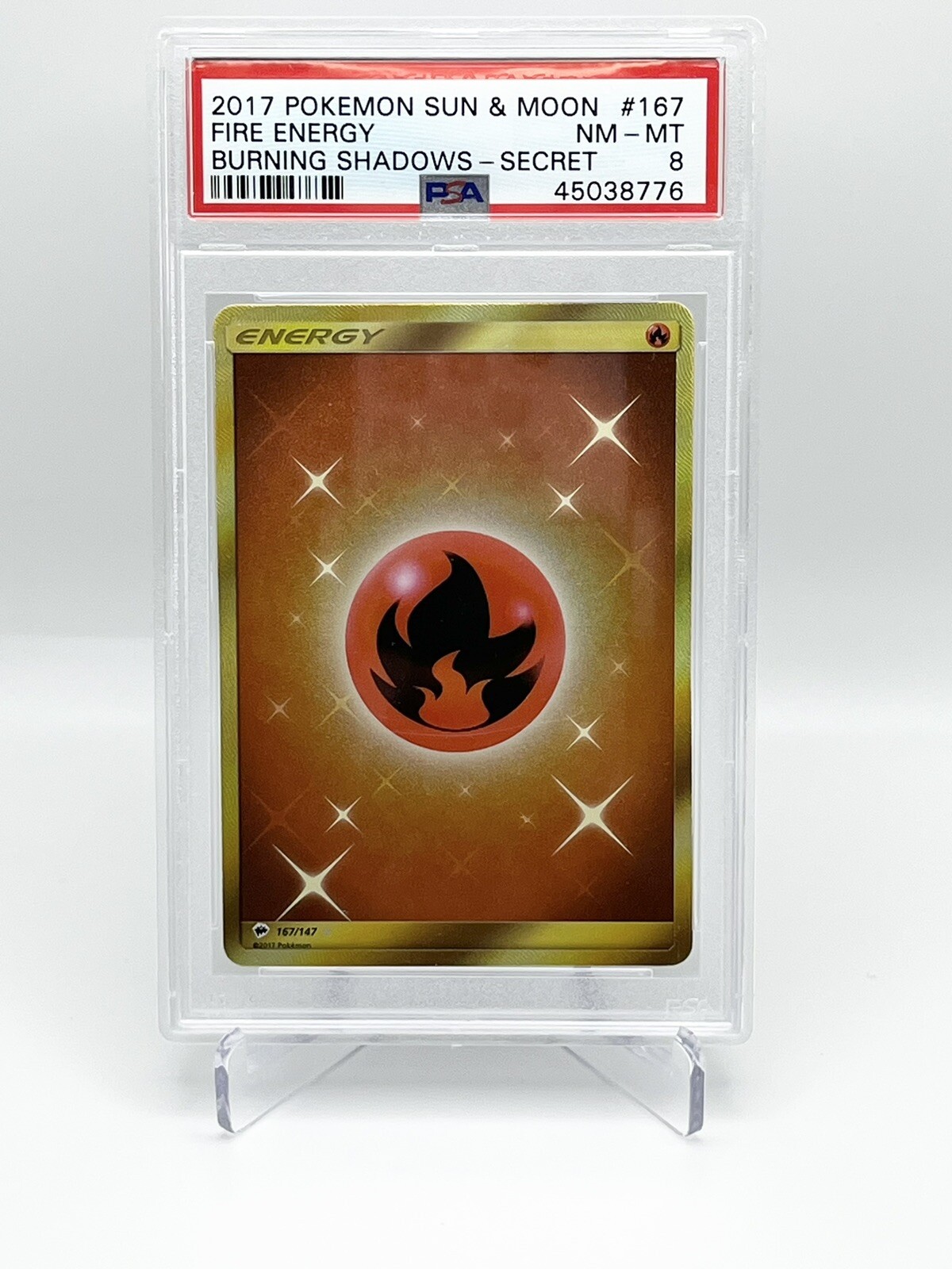 2017 Pokemon Burning Shadows Fire Energy Secret Rare #167/147 PSA 8 NM-MT