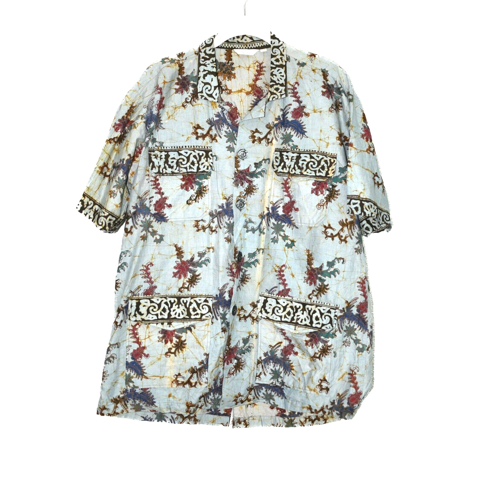 Java Batik Mens Beige Floral Button Up Shirt Shor… - image 3