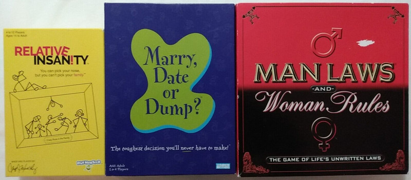 3 Party Games Relative Insanity Man Laws & Woman Rules Marry Date or Dump?