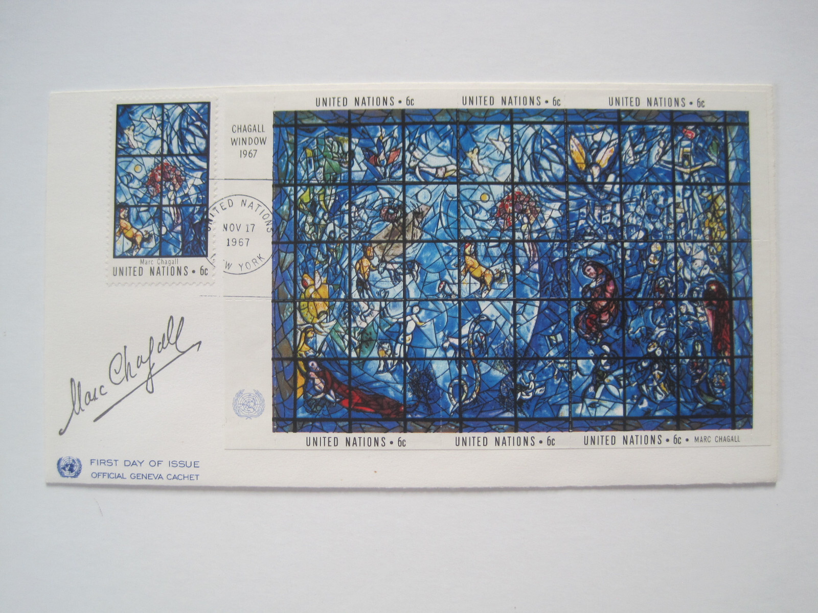 UNO New York 1 FDC "Der Friedenskuß" Glasfenster von Marc Chagall" von 1967 .
