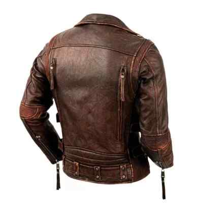 Men's Motorcycle Biker Vintage Cafe Racer Distressed REAL Leather