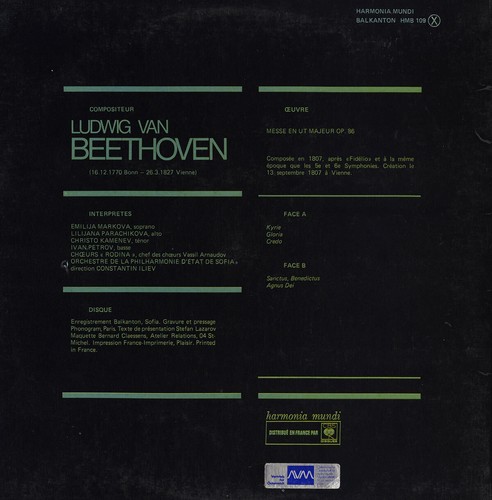 HARMONIA MUNDI HMB-109 BEETHOVEN Mass Op.56 MARKOVA PARACHIKOVA KAMENEV PETROV - Picture 2 of 3