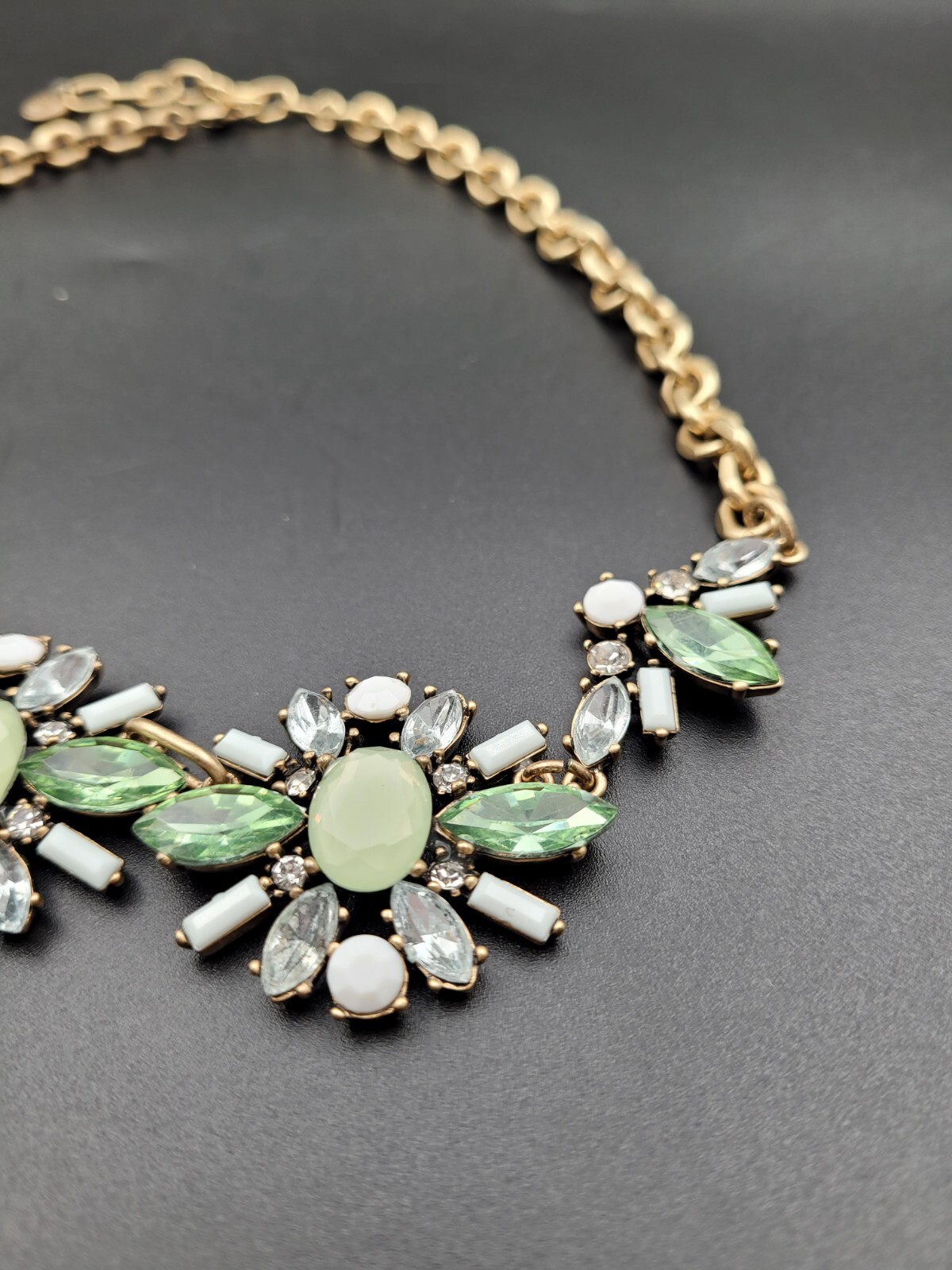 Statement Necklace Bib Mint White Rhinestones Gol… - image 5