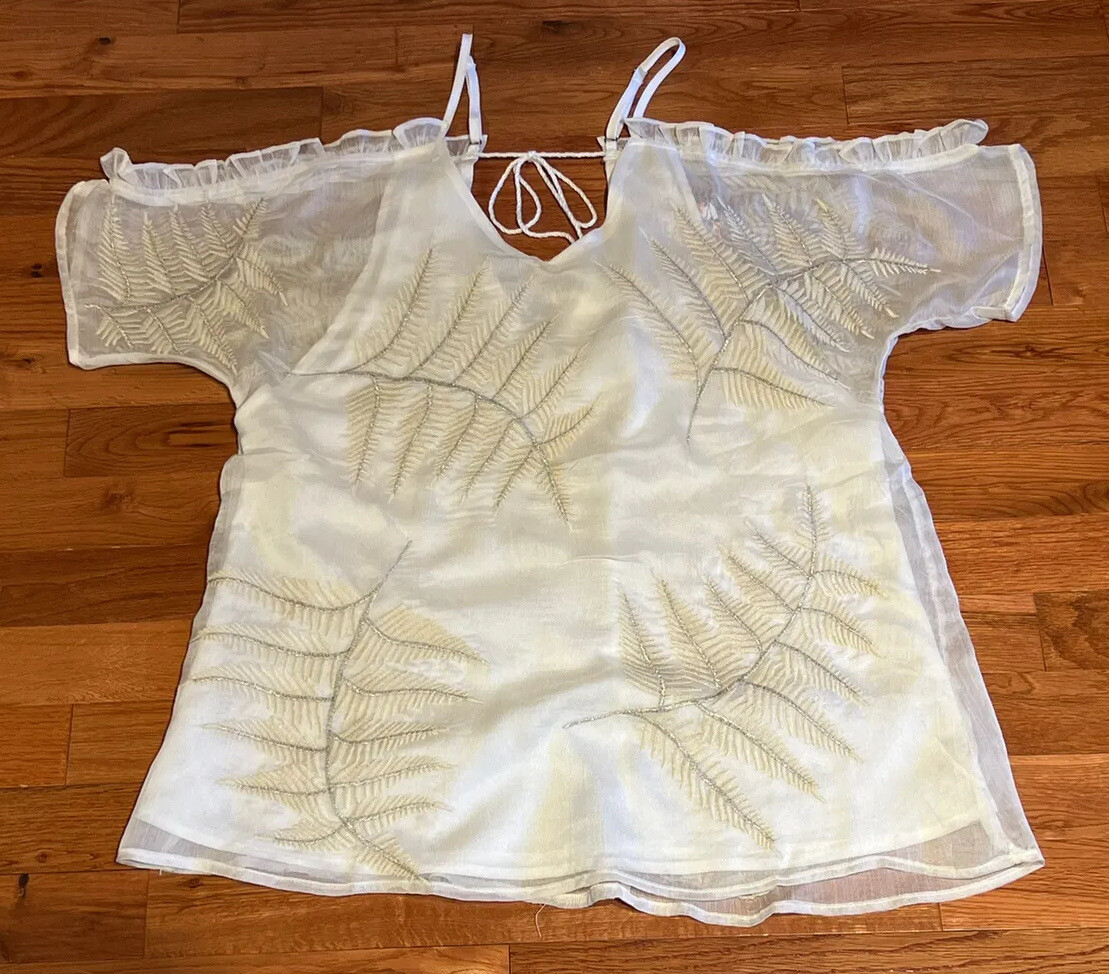 Sheer Ivory Cold Shoulder Blouse with Leaf Embroidery and Buckle Detail in XS