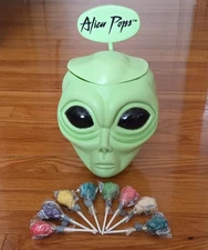 Vintage Alien Pops Green Martian Store Display Candy Container w/Orig Lollipops