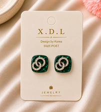 X.D.L Green Square Clear Rhinestone Stud Earrings 925 Silver S925 Post Butterfly