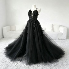 Gothic Black Formal Wedding Dresses Backless A-line Appliques Lace Bridal Gowns