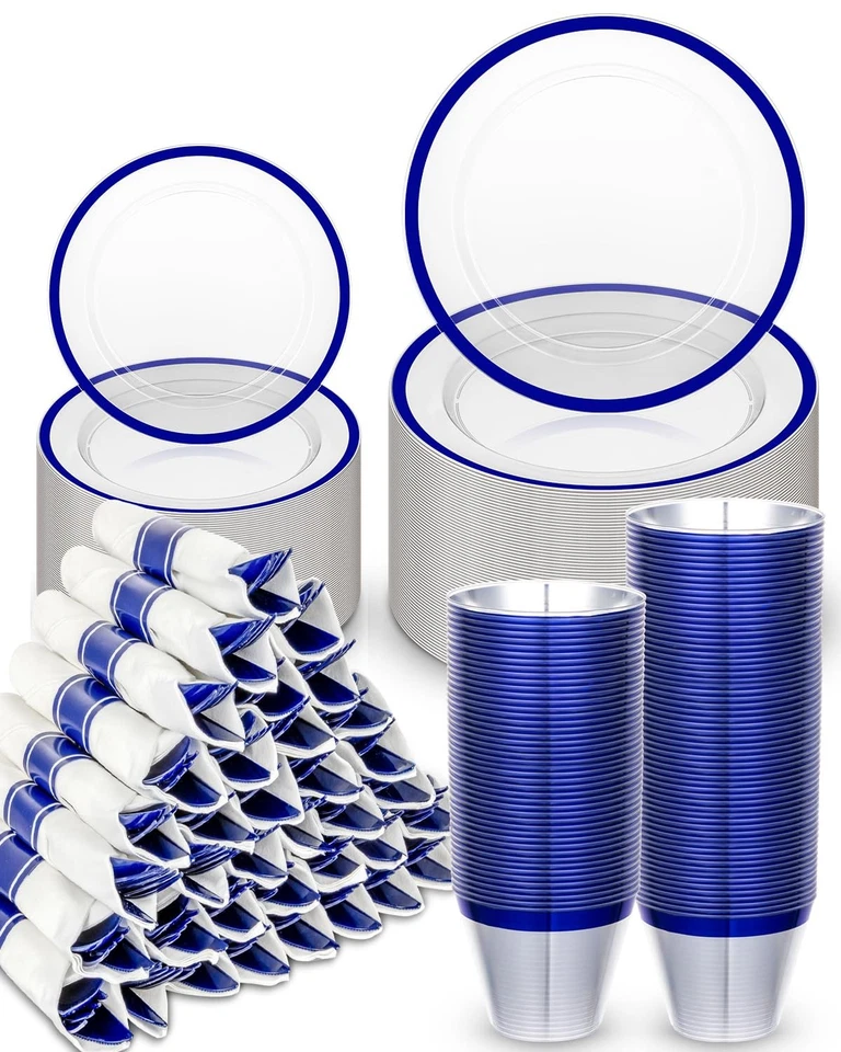 Juego de platos desechables 350 piezas, juegos de vajilla transparentes y azules adecuados para 50 G... Foto 2 de 4