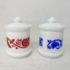 [2] Vintage Hazel Atlas Milk Glass Mustard Spice Jar Red & Blue Sweet Pea Floral