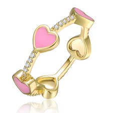 Guili 14k Gold Plated Stacking Ring with Pink Enamel Heart and Sparkling