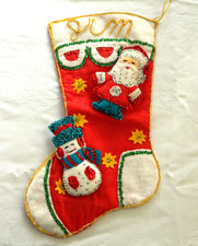 Bucilla Stocking Felt Appliqué Sequin Santa Snowman Completed Jeweled 3D Vintage