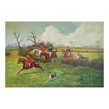 Quadro Olio 90x60 Caccia alla Volpe Salto Ostacolo Cavalli Made in Italy