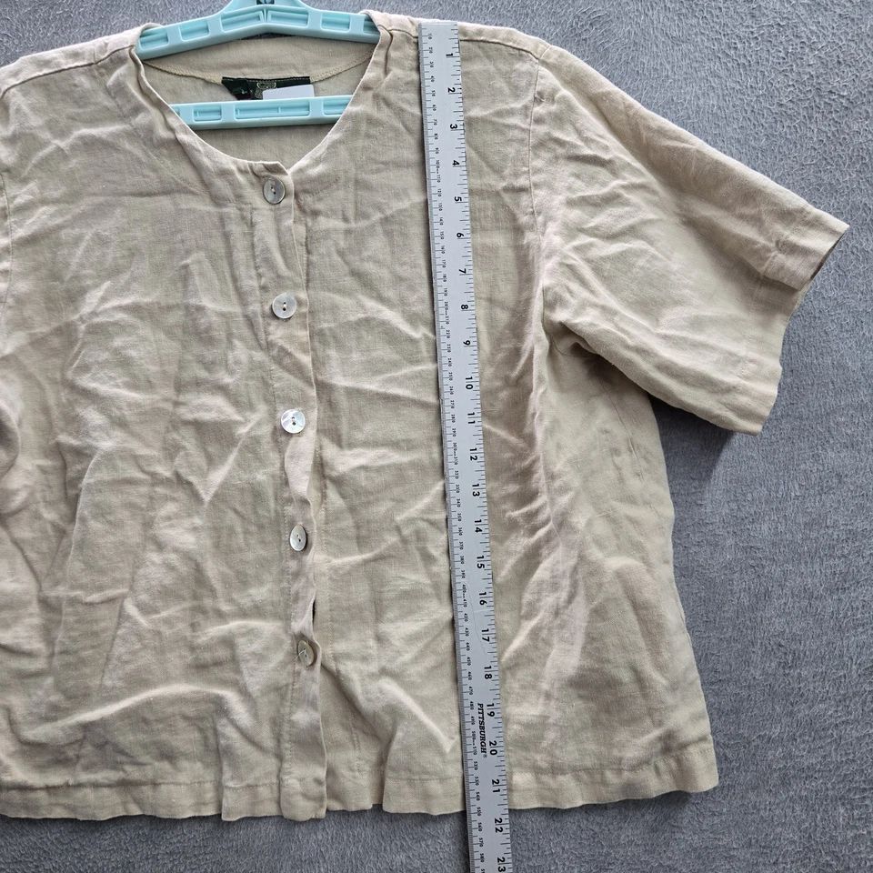 VINTAGE Orvis Women Button Up Shirt LARGE Brown USA Linen Crew Neck Front - Изображение 4 из 4
