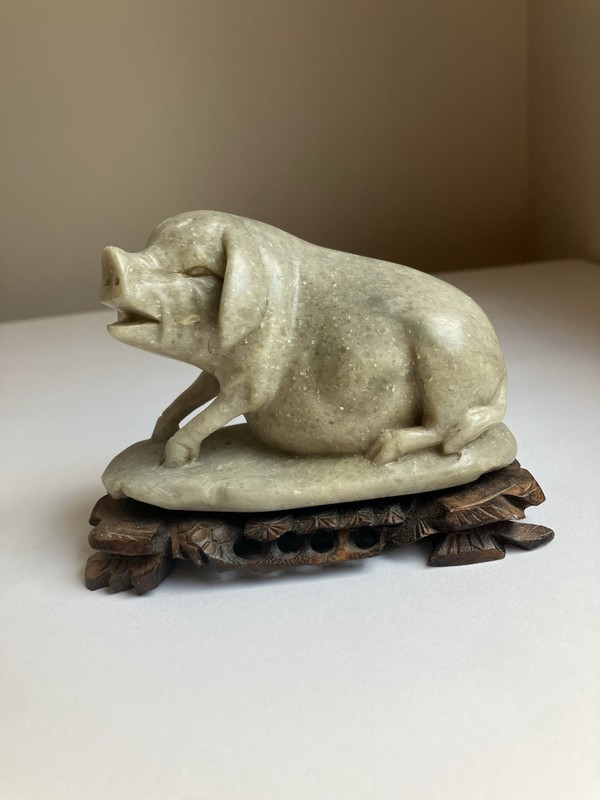 Vintage Chinese Carved Soapstone Boar Pig On Wood Base Green Stone