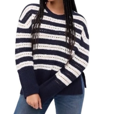 GAP Oversized Navy White Striped Crochet Open Knit Sweater Nautical Coastal S