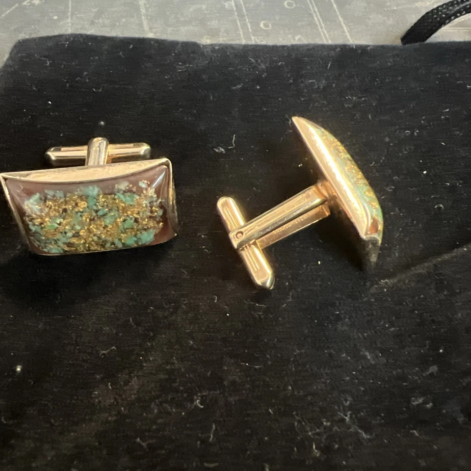 Vintage Hickok Cufflinks Turquoise Chip Gold Flake Lucite Inlay Rectangular... - Image 2 of 3