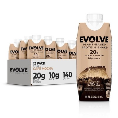 Evolve Plant Based Protein Shake, Café Mocha 11oz, (12 Pack) Free Shipping