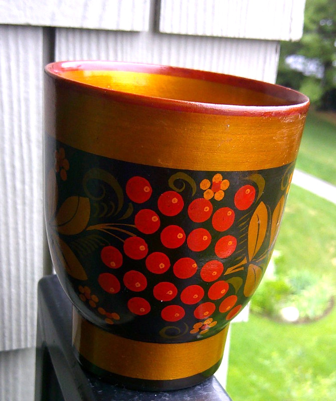 Vintage USSR Wooden Cup , Hand Painted, Laquered, Black, Red, Gold
