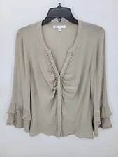 Daniel Rainn DR2 Top Womens Large Tan Ruffle Bell Sleeve Ruched Elegant Career