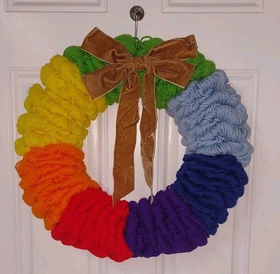 Decorative Rainbow 18'' Door Yarn Wrapped Wreath Tan Bow PRIDE - Handmade