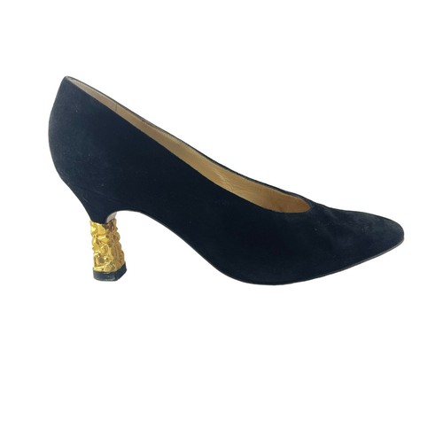 Di Sandro Black Suede Pumps Womens 8.5 B Gold Nugget Chunky Heel Mafia Wife - Picture 2 of 12