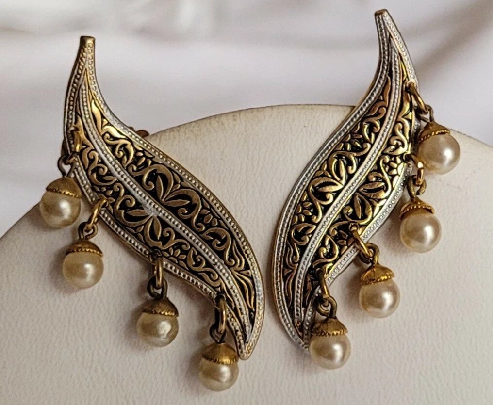 Boucles D'oreilles Vintage Feuilles à Clips - Argent De Tolède Et Lucite Noire - Réf. K3 - Occasion