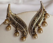 BIJOUX VINTAGE BOUCLES D'OREILLES CLIPS FEUILLES OR DE TOLÈDE PERLES ## A5