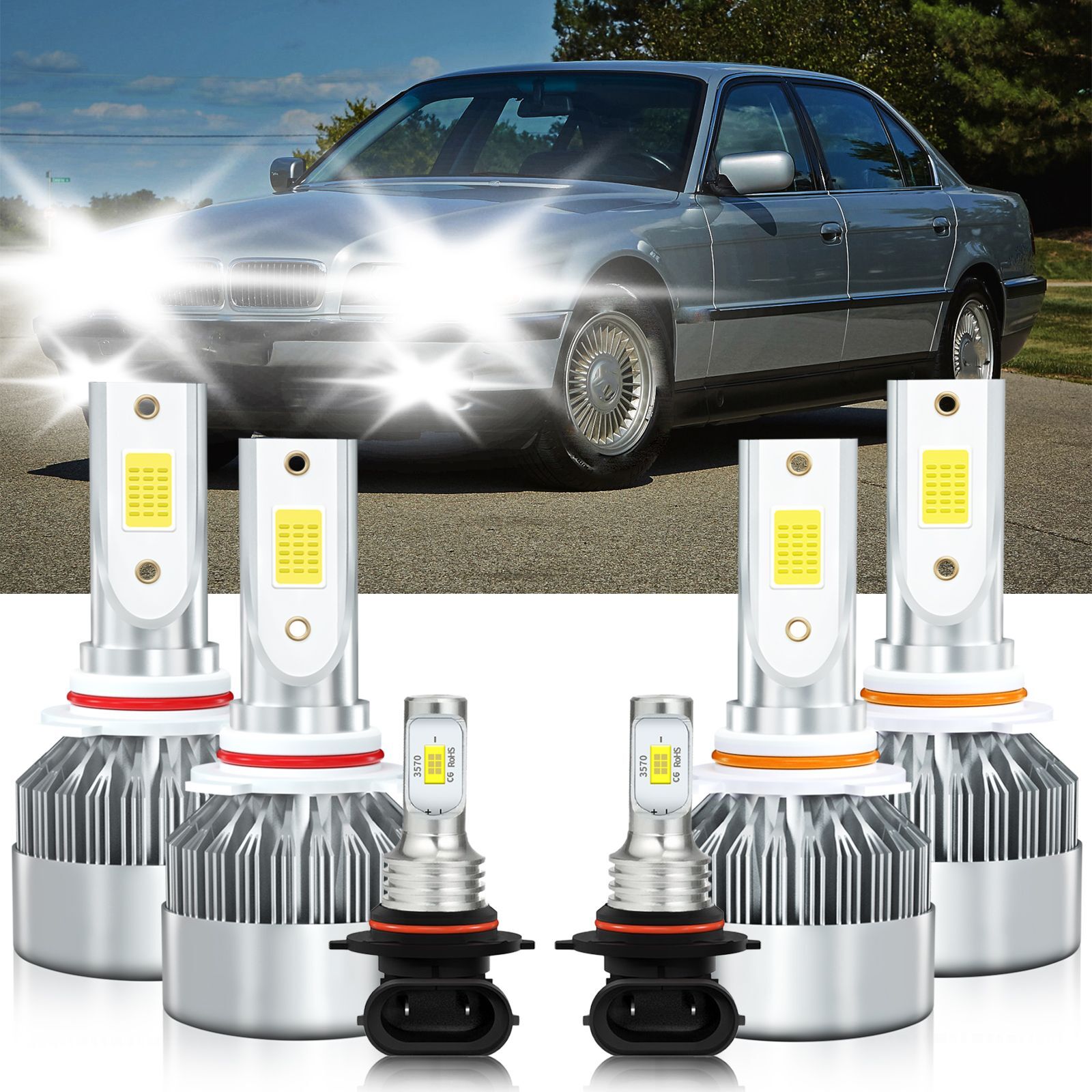 For BMW 750iL 1993-1994 6000K LED Headlight Bulbs High Low Beam Fog Light Kit