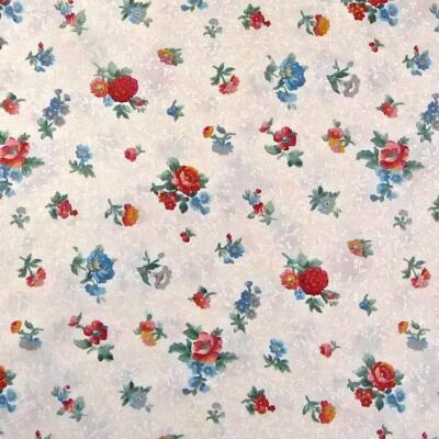 Tiny Rose Floral, Carmine Red, Gold & Blue on an Ivory Tonal, Cotton, Per 1/2 Yd