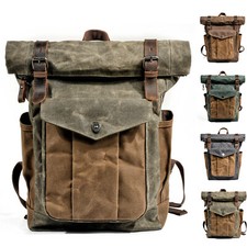 Water Resisant Vintage Waxed Canvas Backpack Fold-Over Satchel Laptop Bag Travel