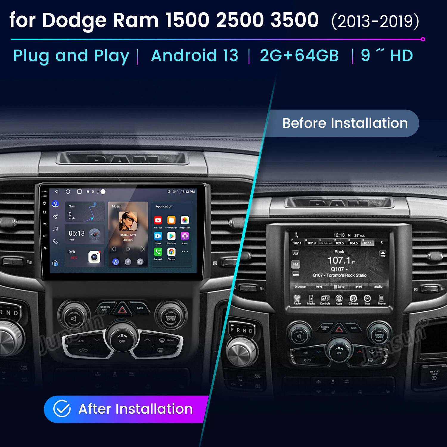  rádio estéreo automotivo 64gb android13 gps carplay para dodge ram 1500 2500 3500 2013-18 