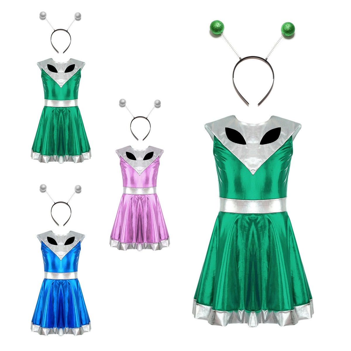 Girls Uniform High Waist Alien Costume Shiny Set Cute Hair Hoop Sleeveless  Kids