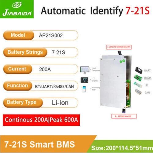 JBD Smart BMS Same Port Balance 7S-21S 48V-72V 200A Li-ion BT/UART/CAN/485/LCD - Bild 20 von 22