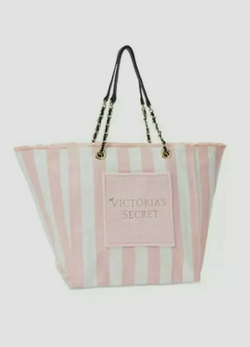 Victoria's Secret Logo Stripe Weekender Large Tote Beach Bag Pink and White