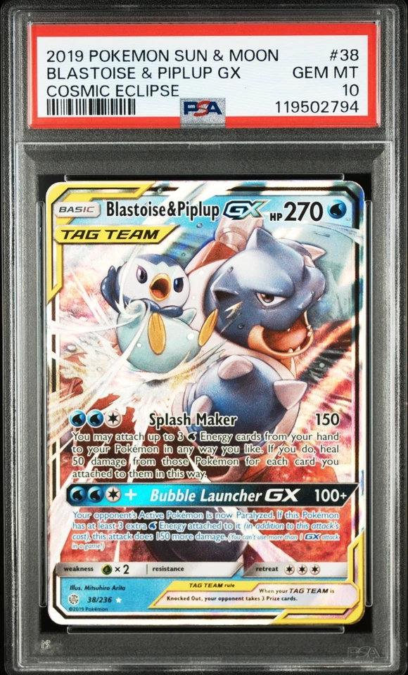 BLASTOISE & PIPLUP 2019 Pokemon Sun & Moon COSMIC ECLIPSE Holo #38 GX PSA 10 HOT - Image 4 of 4