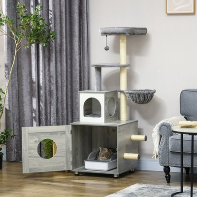 2 in 1 Kratzbaum mit Katzentoilette Gehege, für Katzen im Innenbereich - Grau