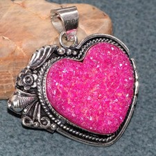 Heart Pink Titanium Druzy 925 Silver Plated Pendant 1.9