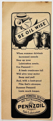 #ad 1937 Pennzoil Motor Oil Advertisement Automobilia Be Oil Wise Owl E90F2 $19.99