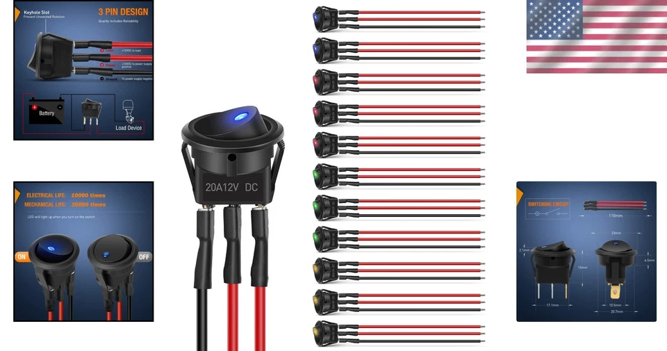 12pcs 12V 20A Rocker Toggle Switch with LED Light for Cars & Marine Applications - Image 2 of 4