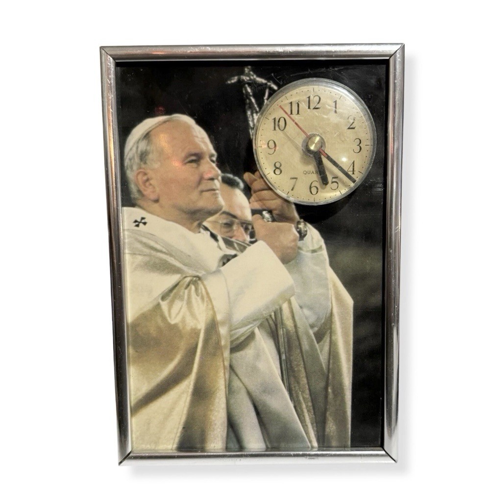 Pope John Paul II Metal Desk Wall Clock 6x9 Vintage Souvenir *Works Great!*