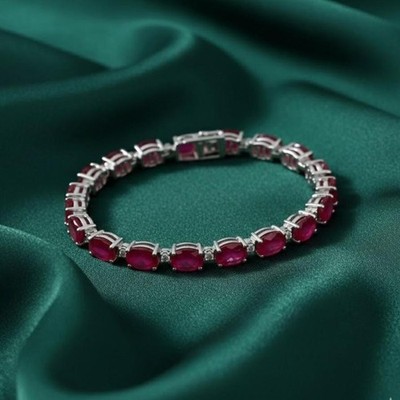 Pink Ruby Oval Cut Tennis Bracelet, 925 Sterling Silver, 14K Gold Plated, Gift f